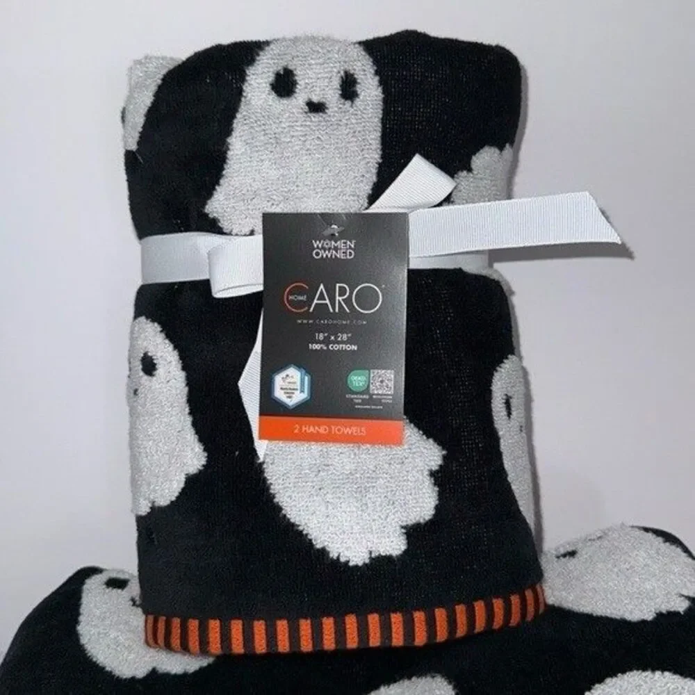 Caro 4 Piece Cotton Bath Towel Set Halloween Black Orange White Raised Ghosts